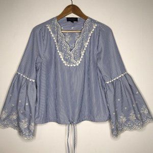 Laundry By Shelli Segal Striped Bell Sleeve Blouse Blue White Large Boho Chic